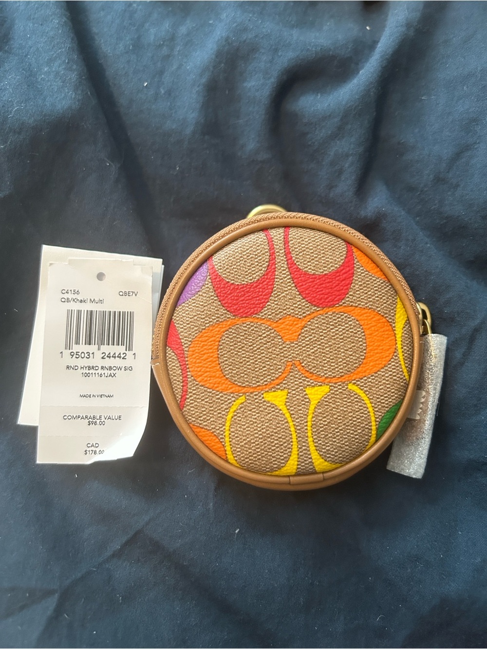 Coach Round Signature Coin Case in Tan with Rainbow Accents